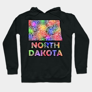 Colorful mandala art map of North Dakota with text in multicolor pattern Hoodie